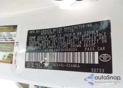 2009 Toyota Camry Le from USA, damaged, VIN 4T1BE46K59U908004